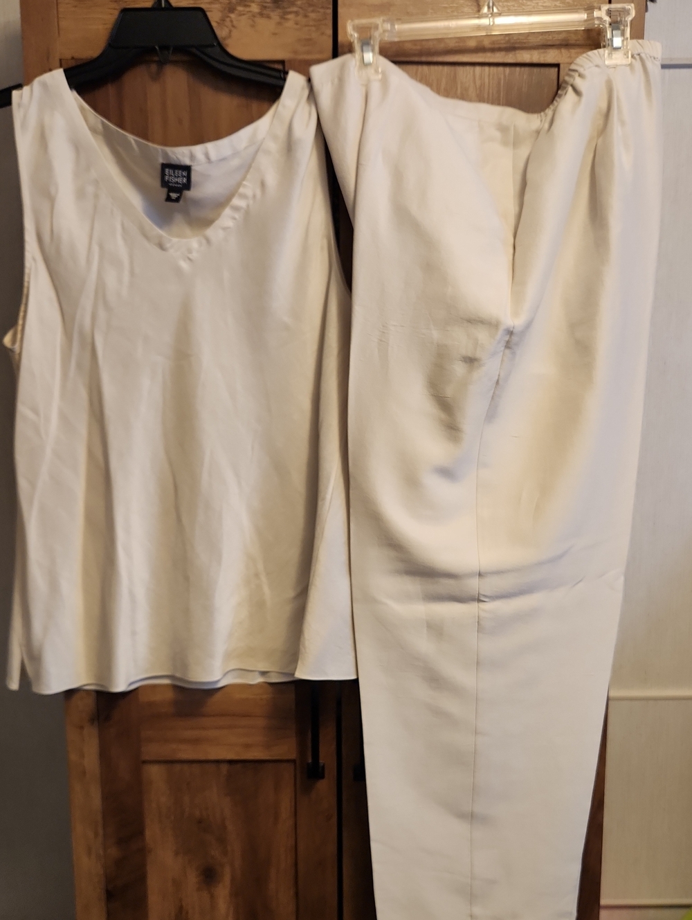 Eileen Fisher Cream 100% Silk Plus Size Sleeveless Top and Straight-Leg Pantsuit